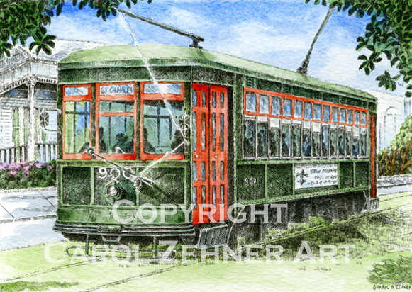 New Orleans Streetcar Watercolor Art